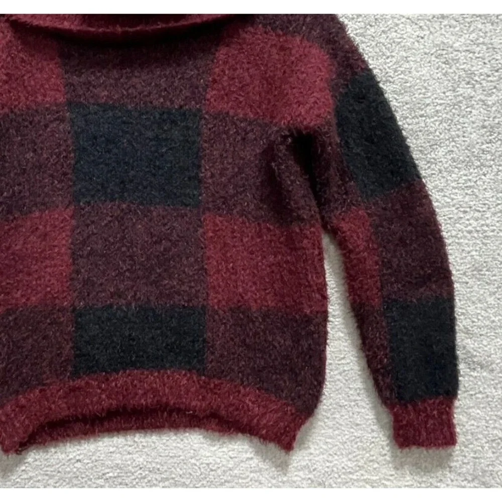 Lee Sweater Women's Medium Black Red Plaid Cowl Neck Pullover Block Jumbo Square